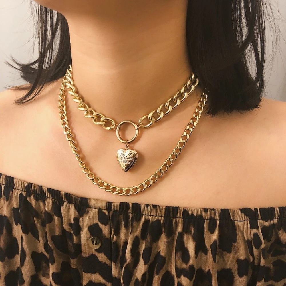 Gold Pendant Heart Chocker Double Chain Necklace